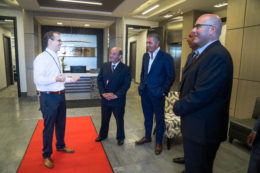 Northern Transformer CEO, Alexei Miecznikowski (left), welcomes Mayor of Vaughan and Minister of Transportation to new state-of-the-art facility